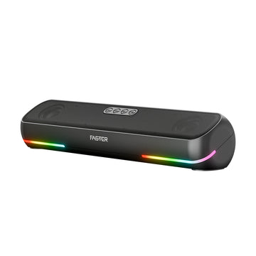 Black electronic device with RGB lighting on a white background