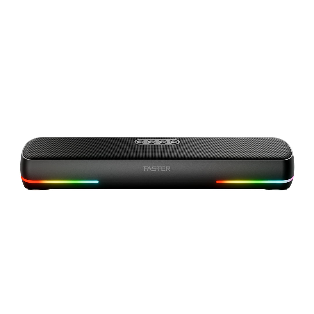 Black electronic device with colorful LED lights on a white background