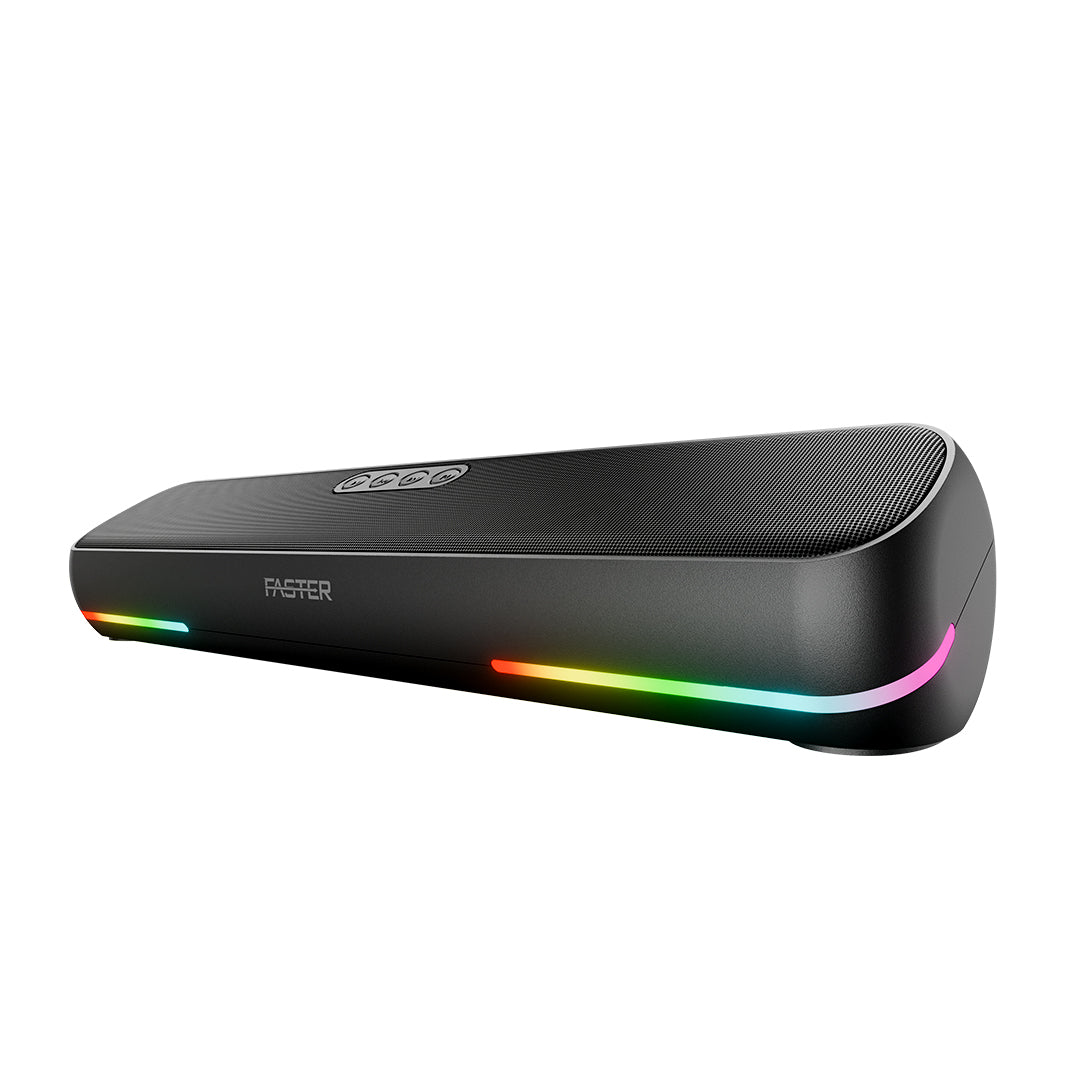 Black electronic device with RGB lighting on a white background