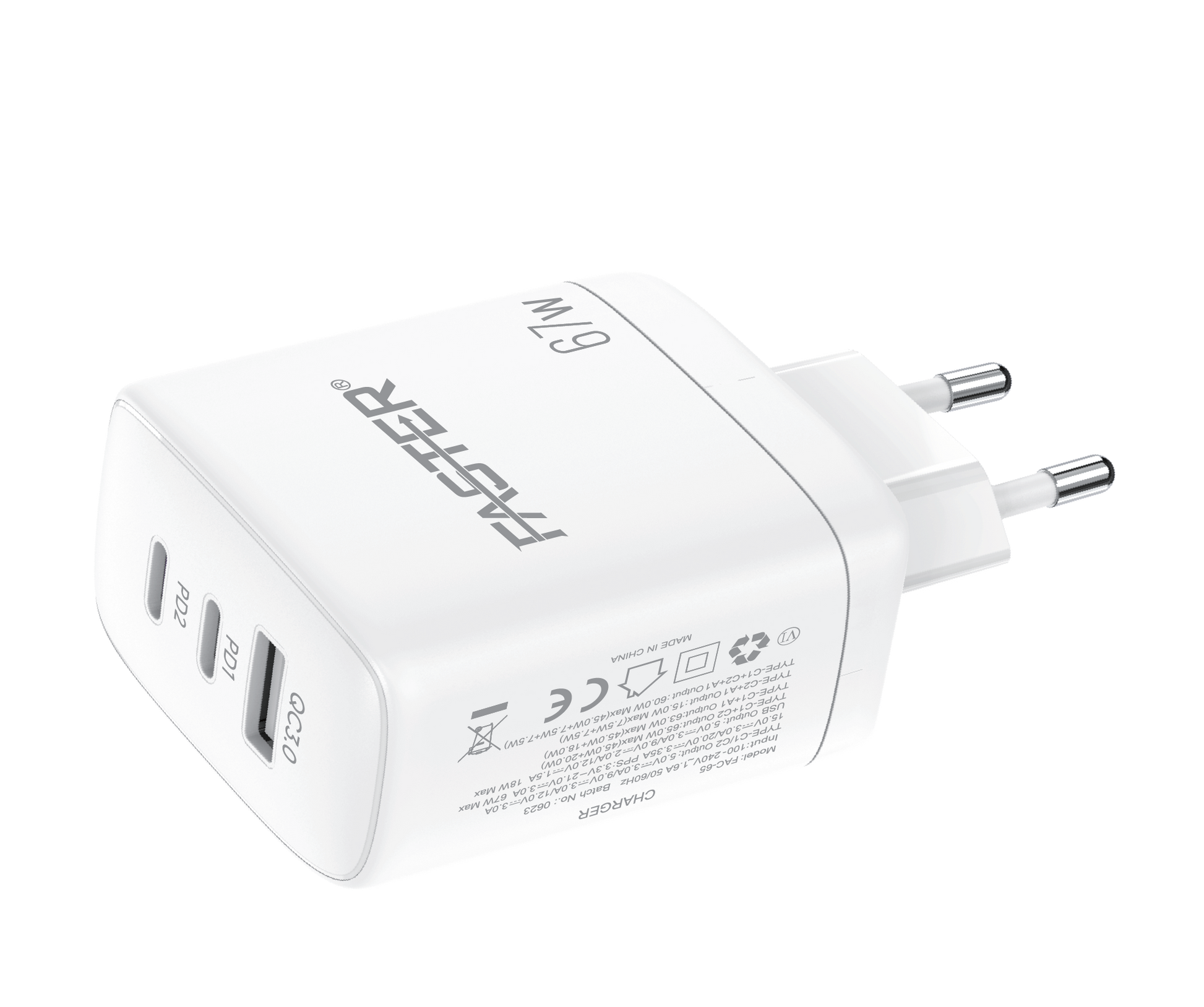A Close up view of Faster PD-67W Charger on white background