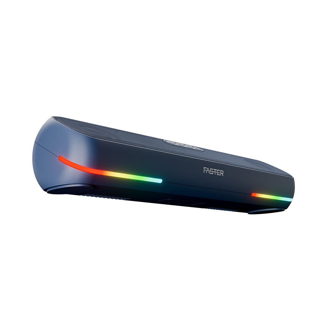 Black electronic device with colorful lights on a white background