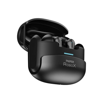 Black wireless earbuds with charging case on a white background