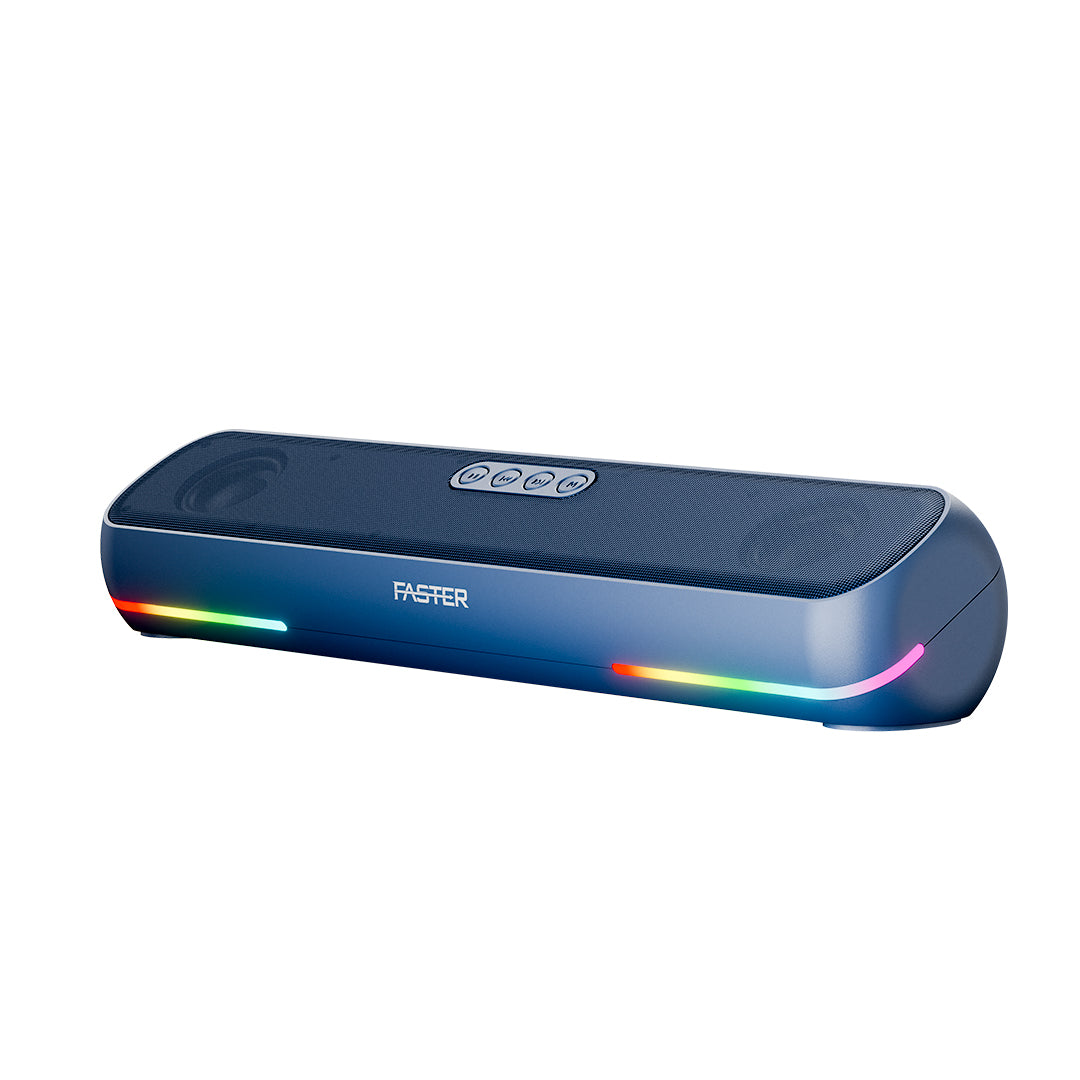 Blue electronic device with colorful LED lights on a white background