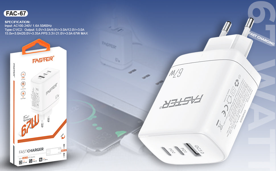 Close up view of Faster PD-67W Charger with box