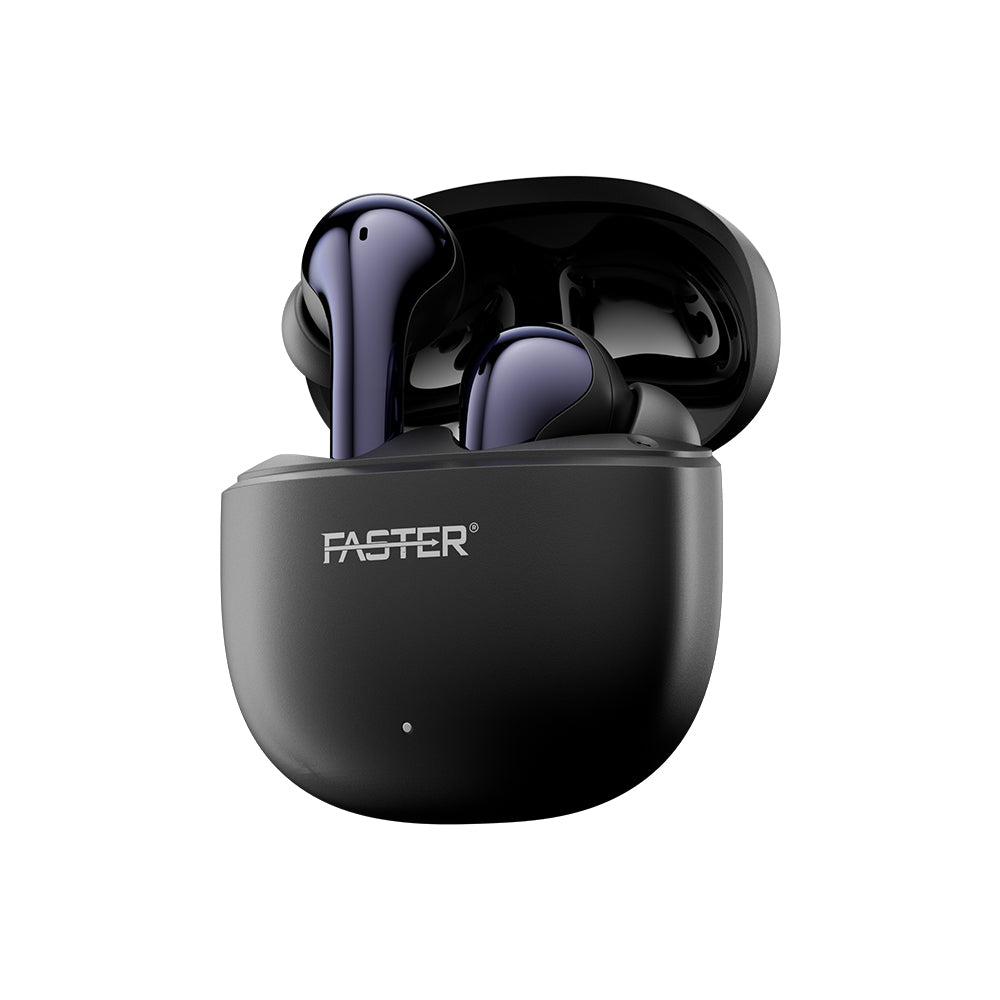 A pair of black wireless earbuds with a charging case, the case lid is open and the earbuds are visible inside. The brand name 'FASTER' is visible on the case.
