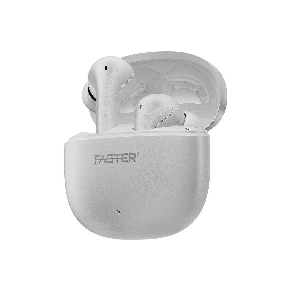 A pair of white wireless earbuds with a charging case, the case lid is open and the earbuds are visible inside. The case has the brand name 'FASTER' on it.
