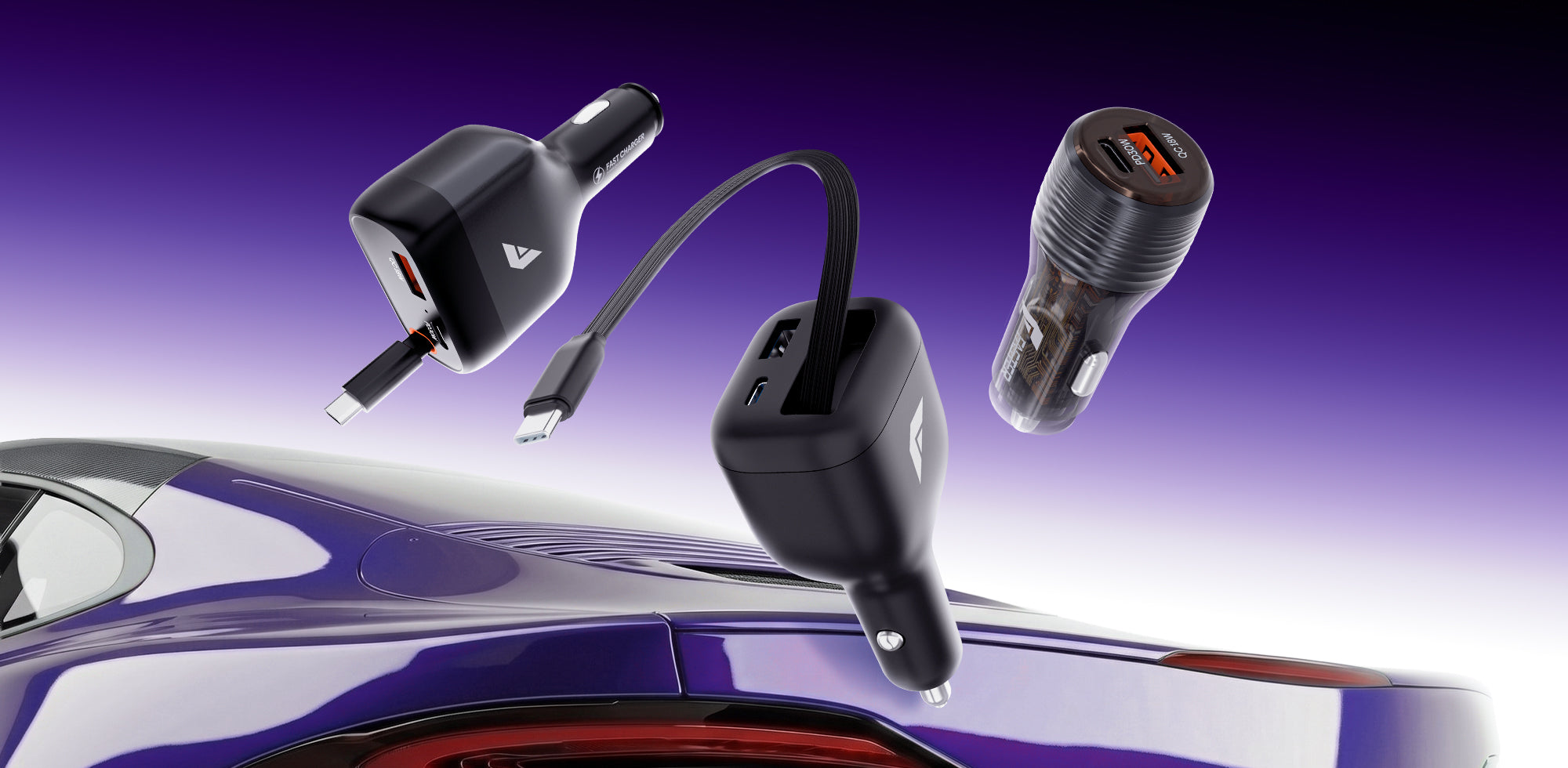A black car charger travel adapter floating above a purple car, showing multiple USB-C and USB-A plug configurations against a purple gradient background.