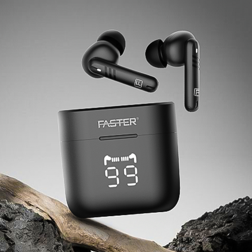 A pair of black wireless earbuds with a charging case, the case has a digital display showing the battery percentage.