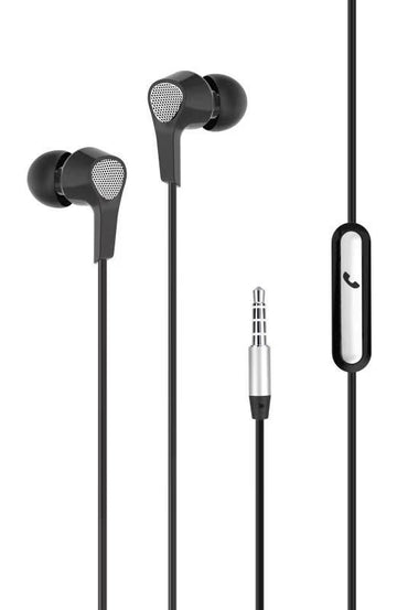 A pair of black in-ear wireless earphones with a wired control panel and a 3.5 mm audio jack.
