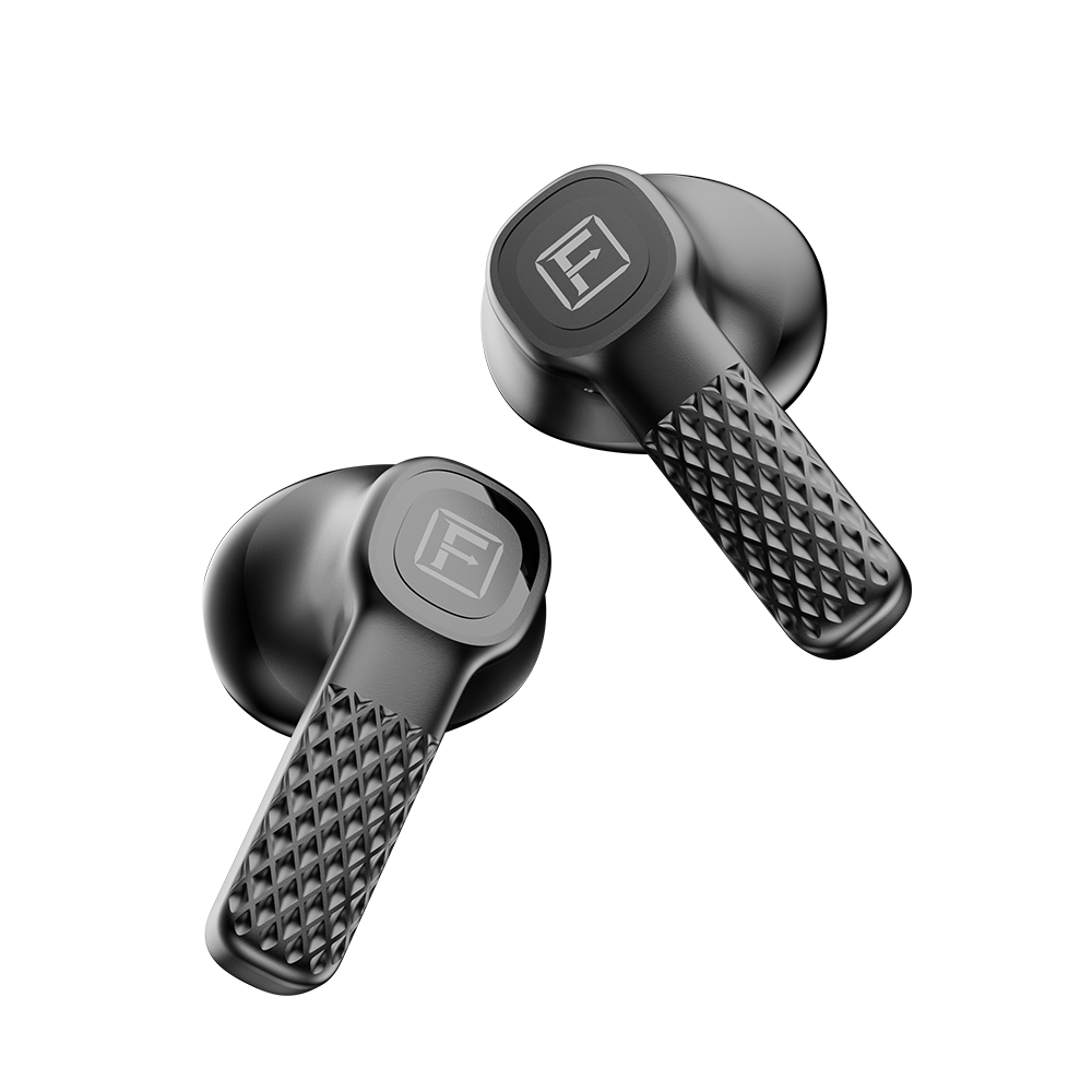 Black wireless earbuds with a brand logo on a white background