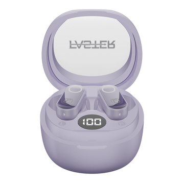 Purple wireless earbuds in a charging case with faster branding on a white background.
