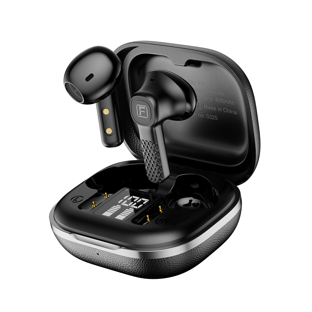 Black wireless earbuds with charging case on a white background