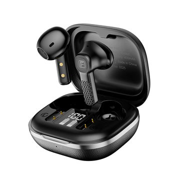 Black wireless earbuds with charging case on a white background