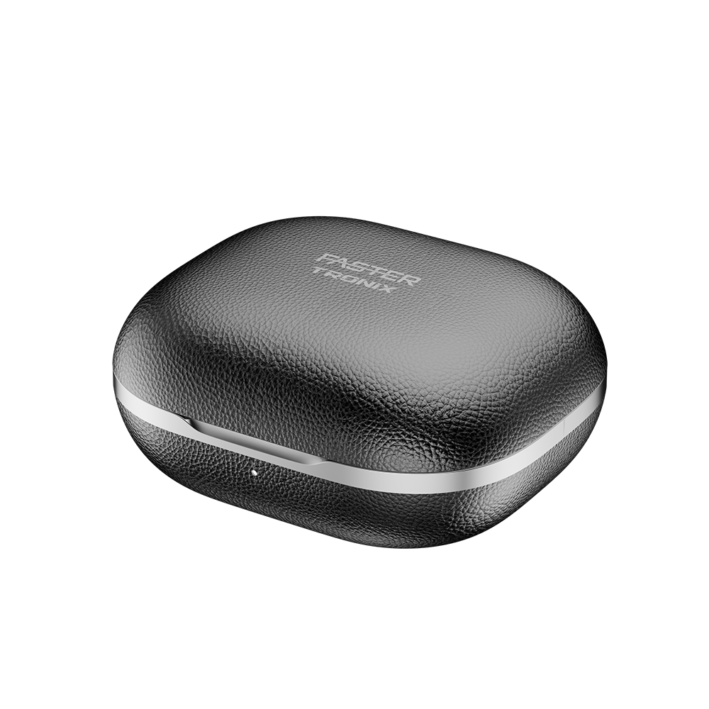 Black earbud case with 'Pioneer' branding on a white background