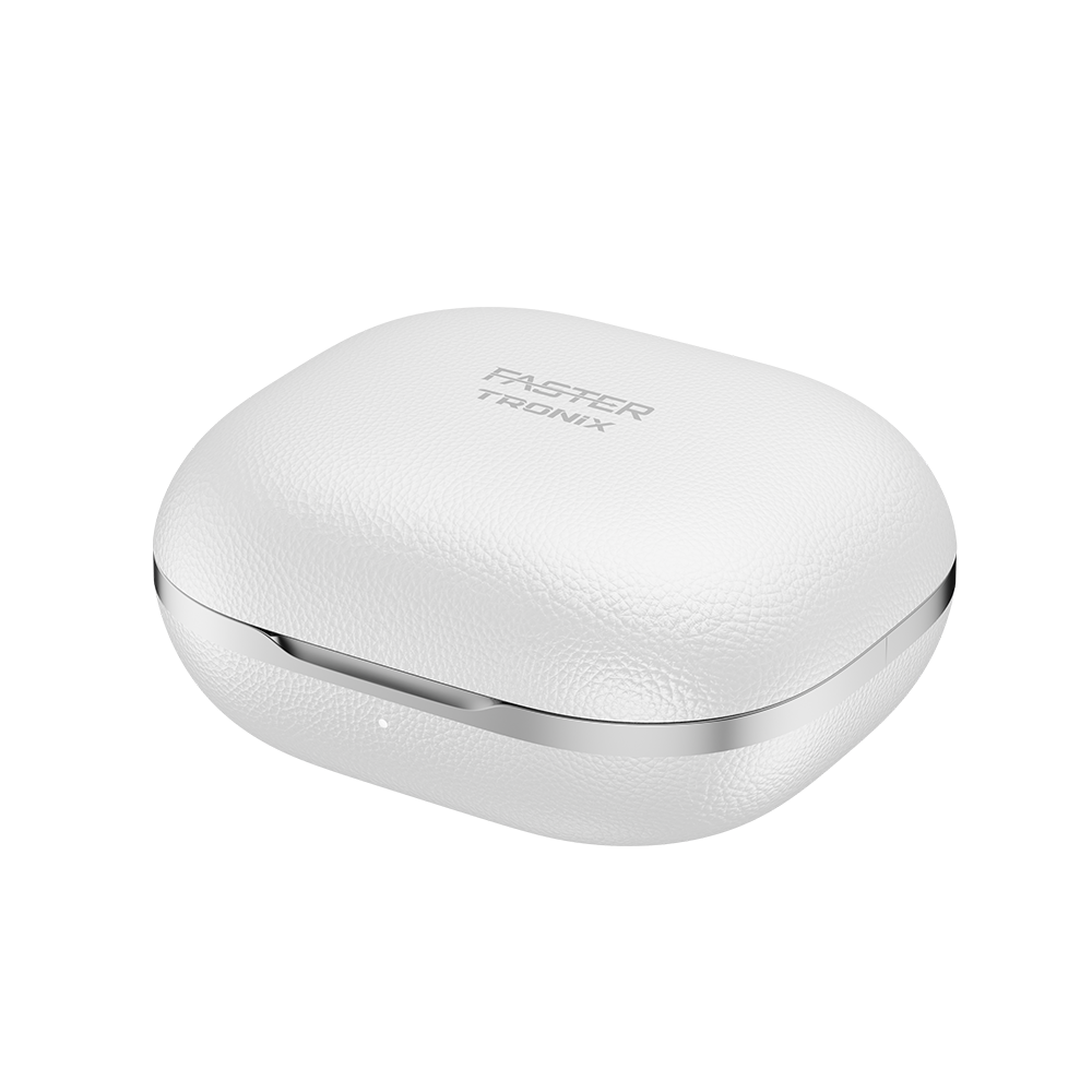 White wireless earbuds case with 'Foxter Tronix' branding on a white background