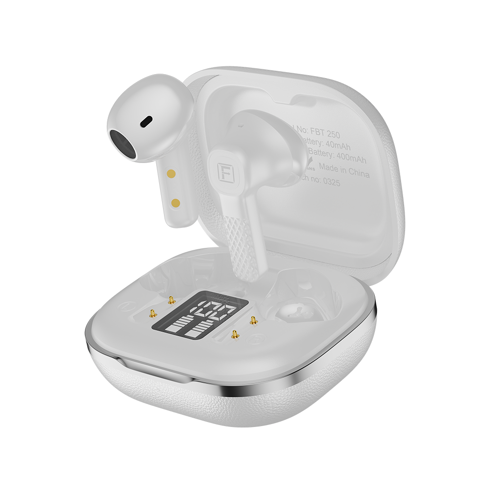 White wireless earbuds with charging case on a white background