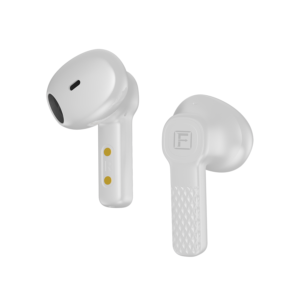 White wireless earbuds with charging case on a white background