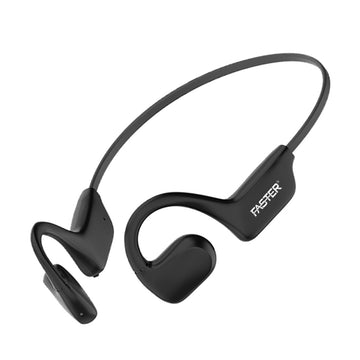 A pair of black air conduction Bluetooth headphones with a brand label 'Faster' on the front.