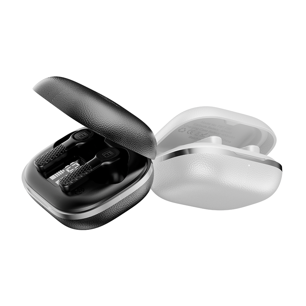 Black and white earbud cases on a white background