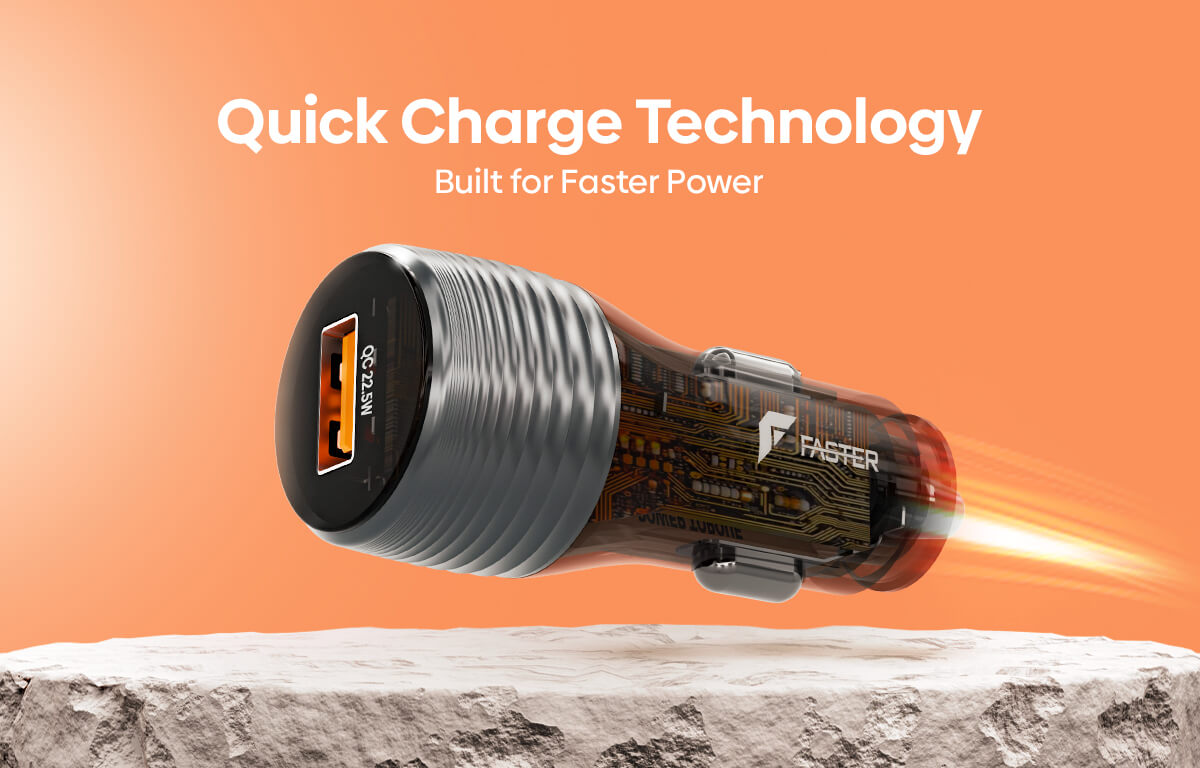 A car lighter style USB charger with a metallic silver body and a clear side showing internal circuitry, floating above a gray stone surface against an orange background with the text 'Quick Charge Technology' and 'Built for Faster Power'.