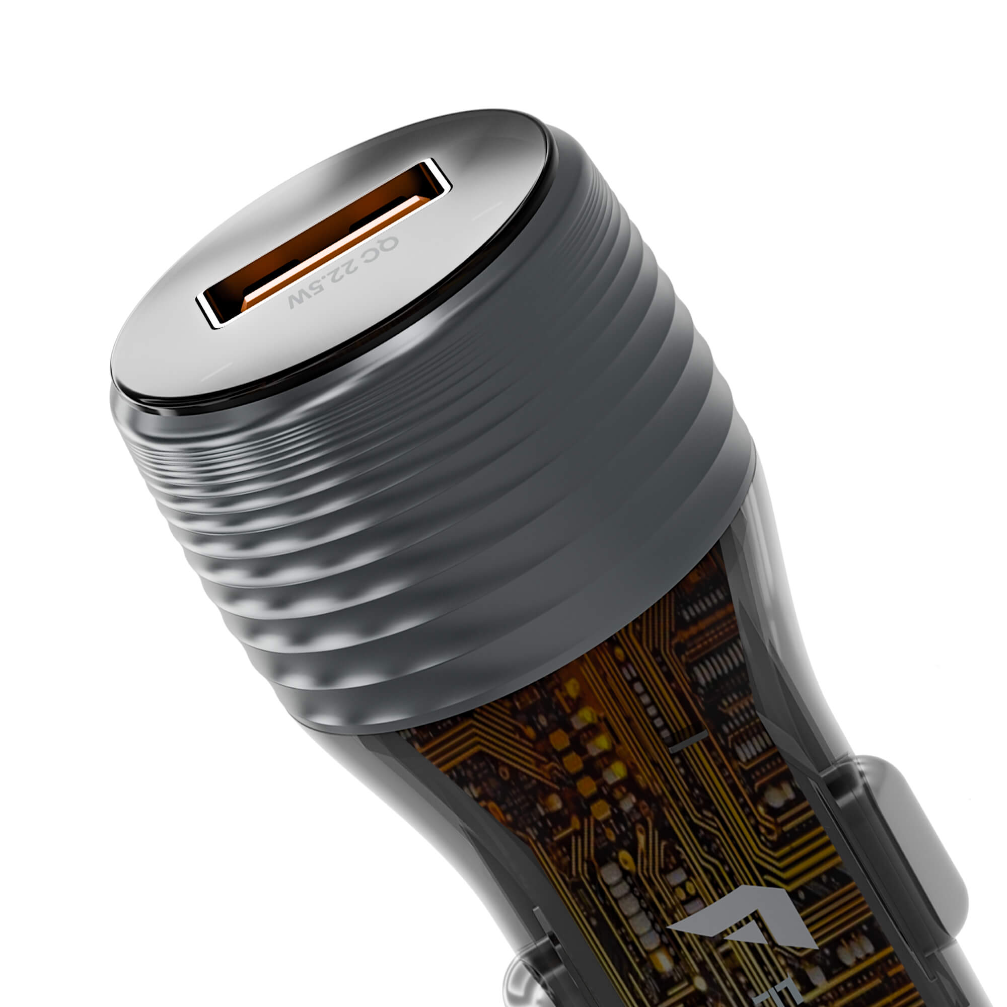 Close-up of a metallic gray car charging adapter with a built-in phone charger and a transparent section showing a gold circuit board design, on a white background.