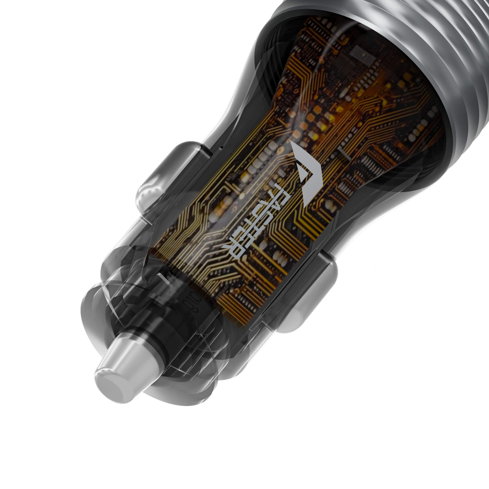 A close-up of a transparent glass or acrylic bottle with a metallic silver screw cap and a printed gold circuit board design on the body, shown on a white background.