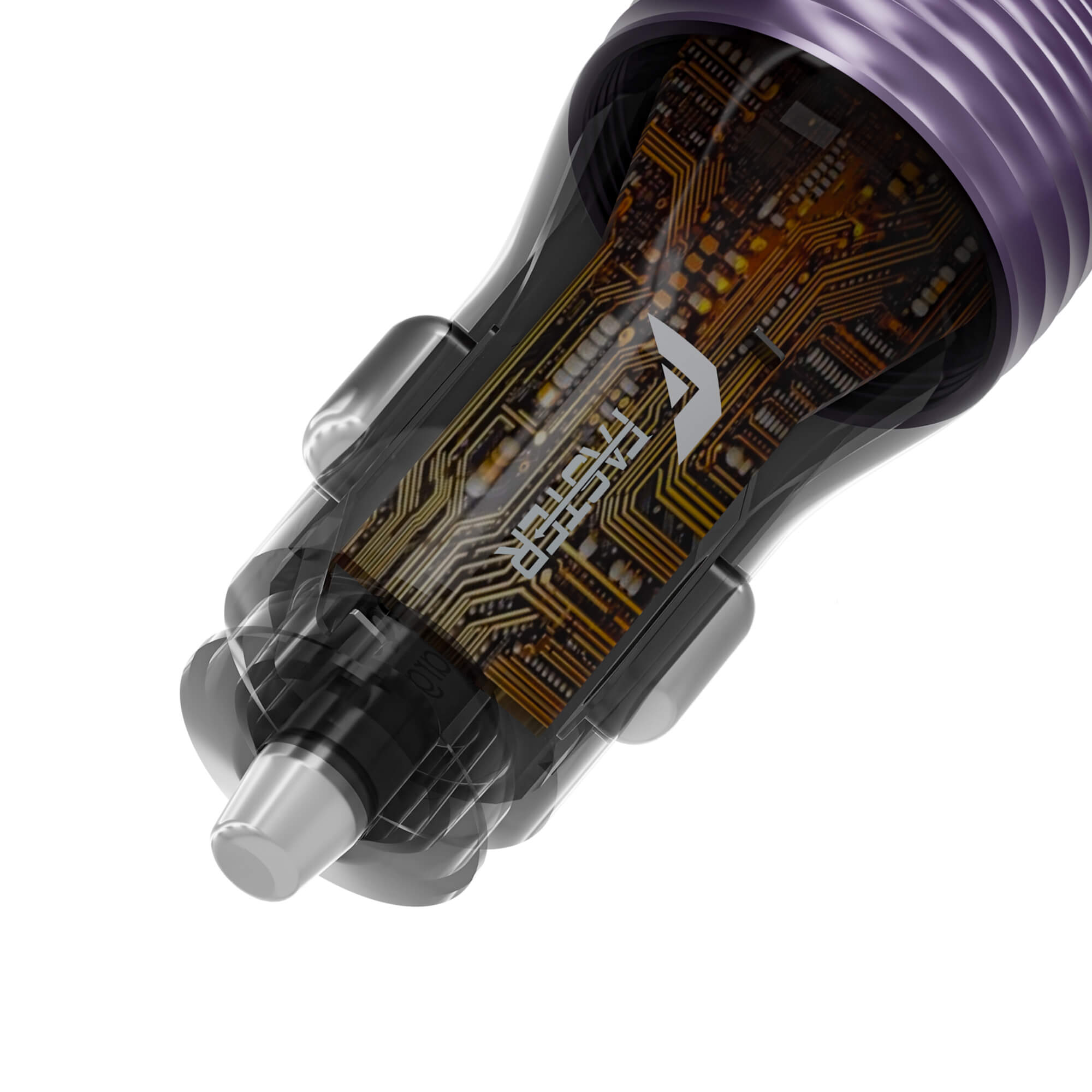 A close-up of a transparent showing a detailed gold circuit board design inside, with a purple metallic top section and a silver tip, on a white background.