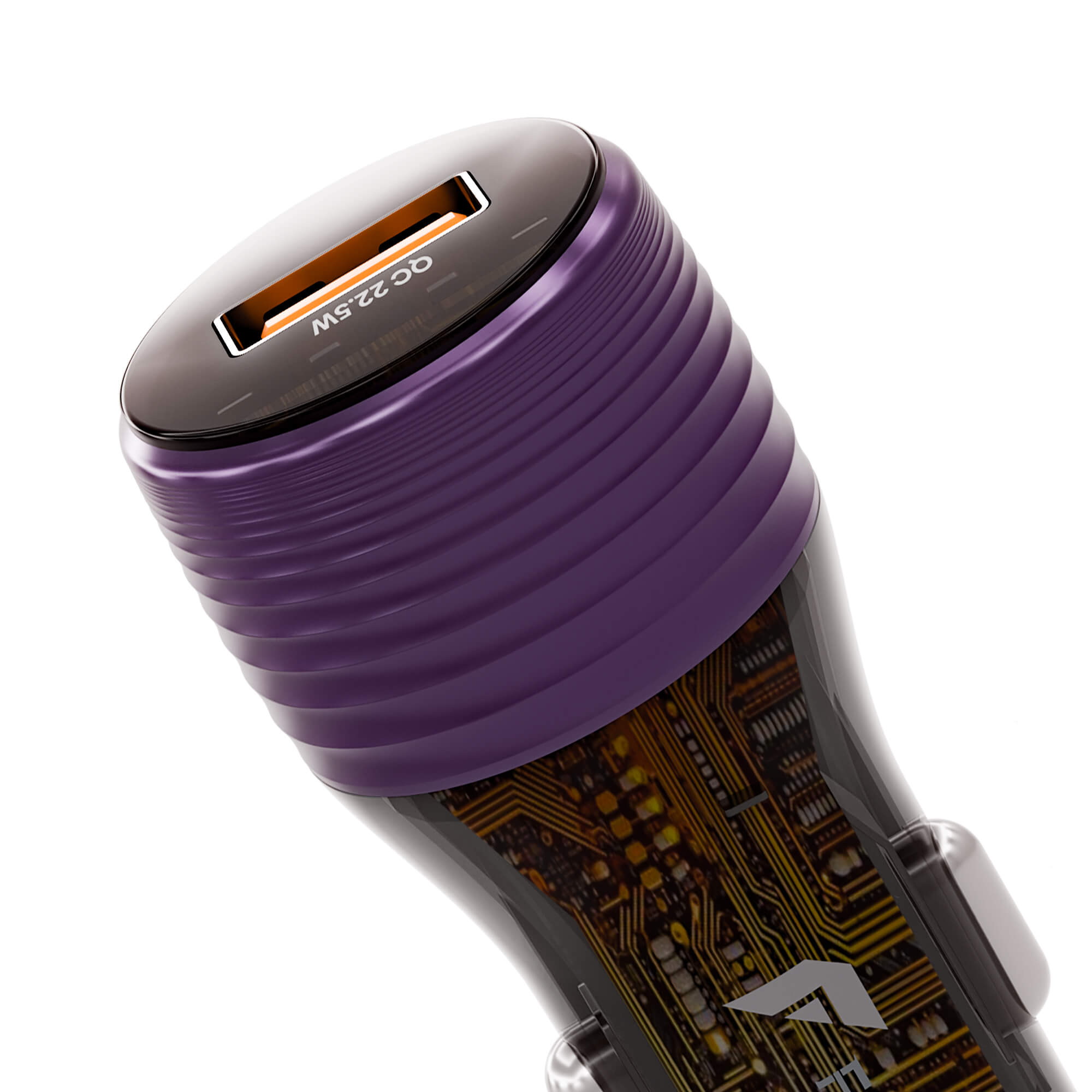 A close-up of a purple and black USB-C car charger with a ribbed metallic purple top, a black USB-C port, and a transparent lower section showing a gold circuit board design.