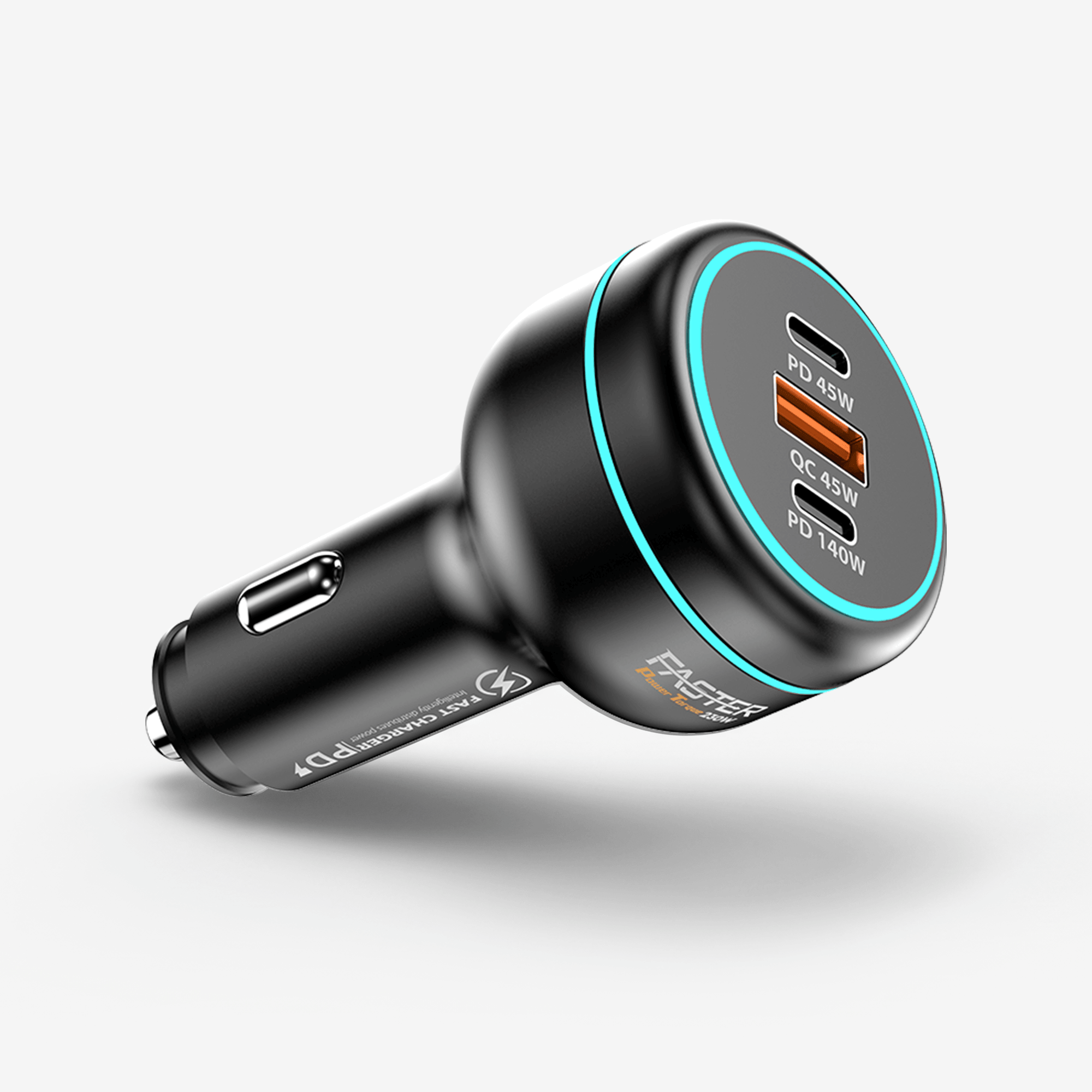A black 3-in-1 car charger with dual USB-C and USB-A ports, featuring a glowing cyan LED ring and 'FASTER' branding, shown on a light gray background.