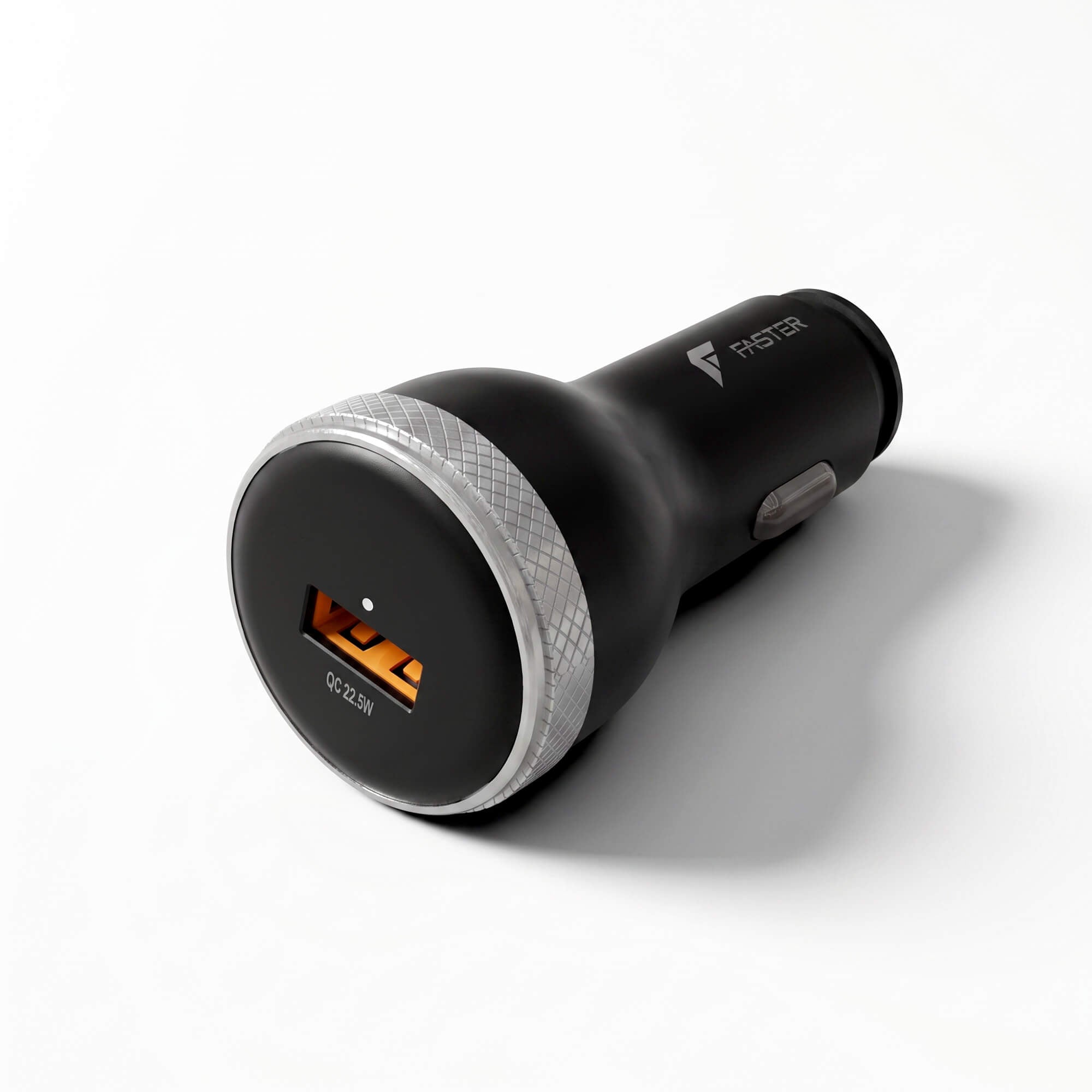 A black car charger with a textured silver metallic ring and a USB-C port, branded with 'FASTER' on the side, shown on a clean white background.