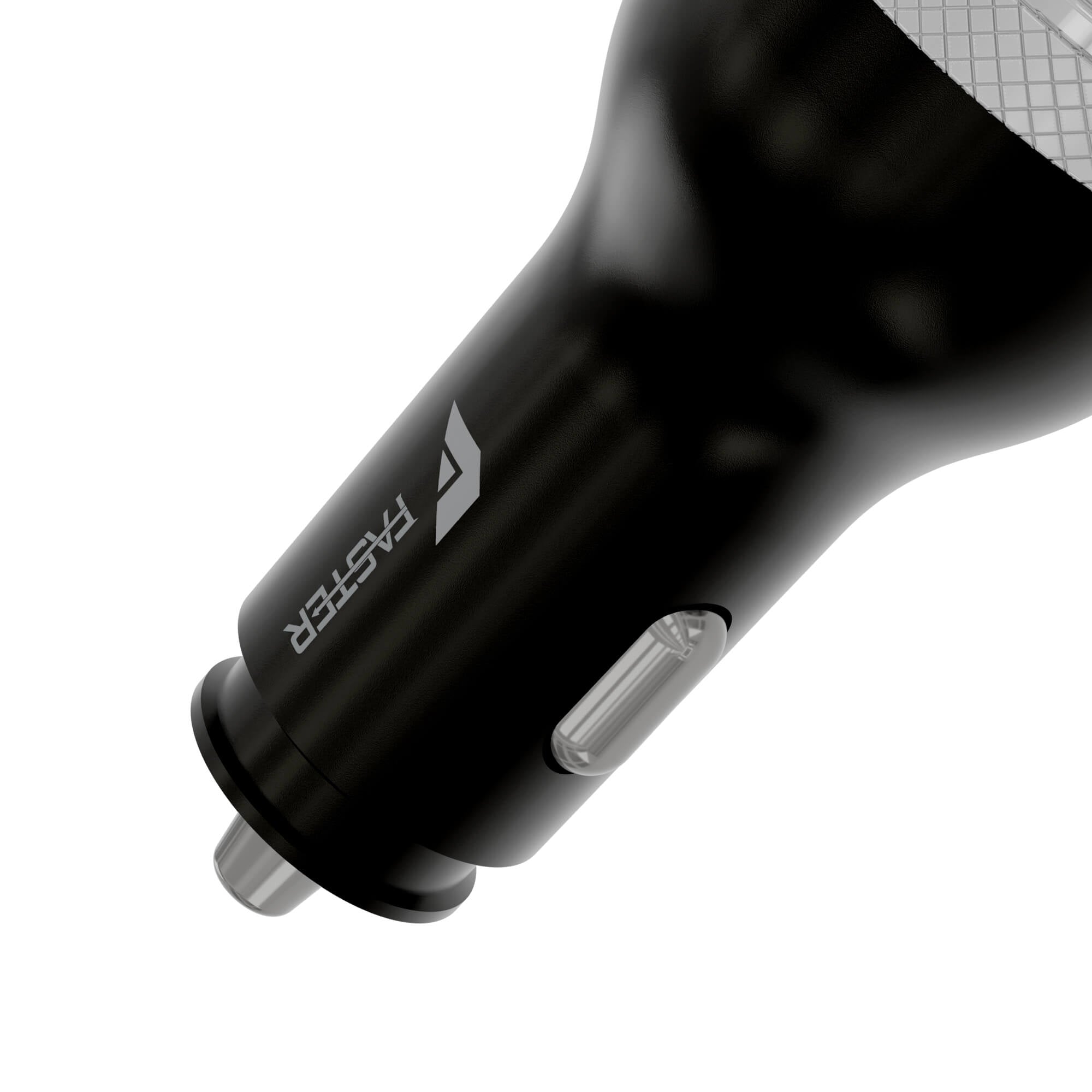 Close-up of a black FASTER car adapter with a power button switch, on a white background.