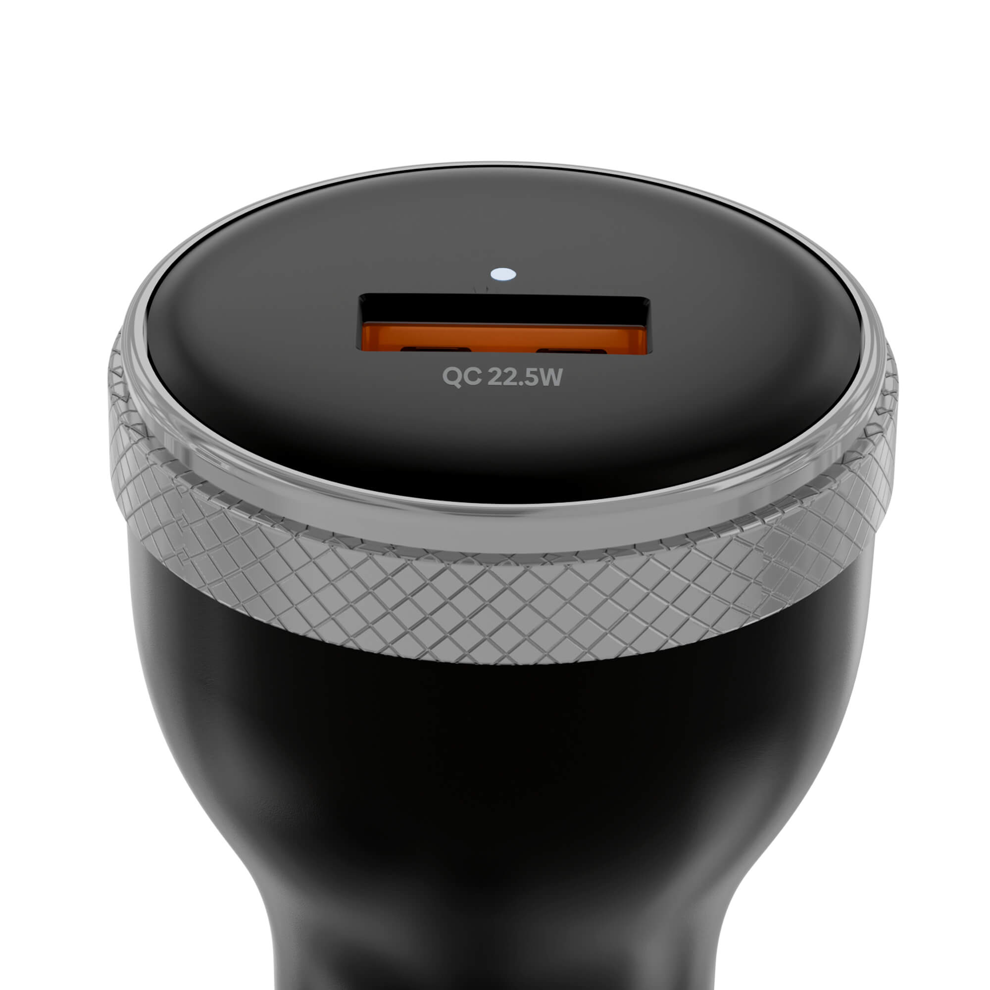 A close-up of a black and silver USB-C car charger or adapter, showing a QC 22.5W USB-C port with an orange interior, on a solid white background.