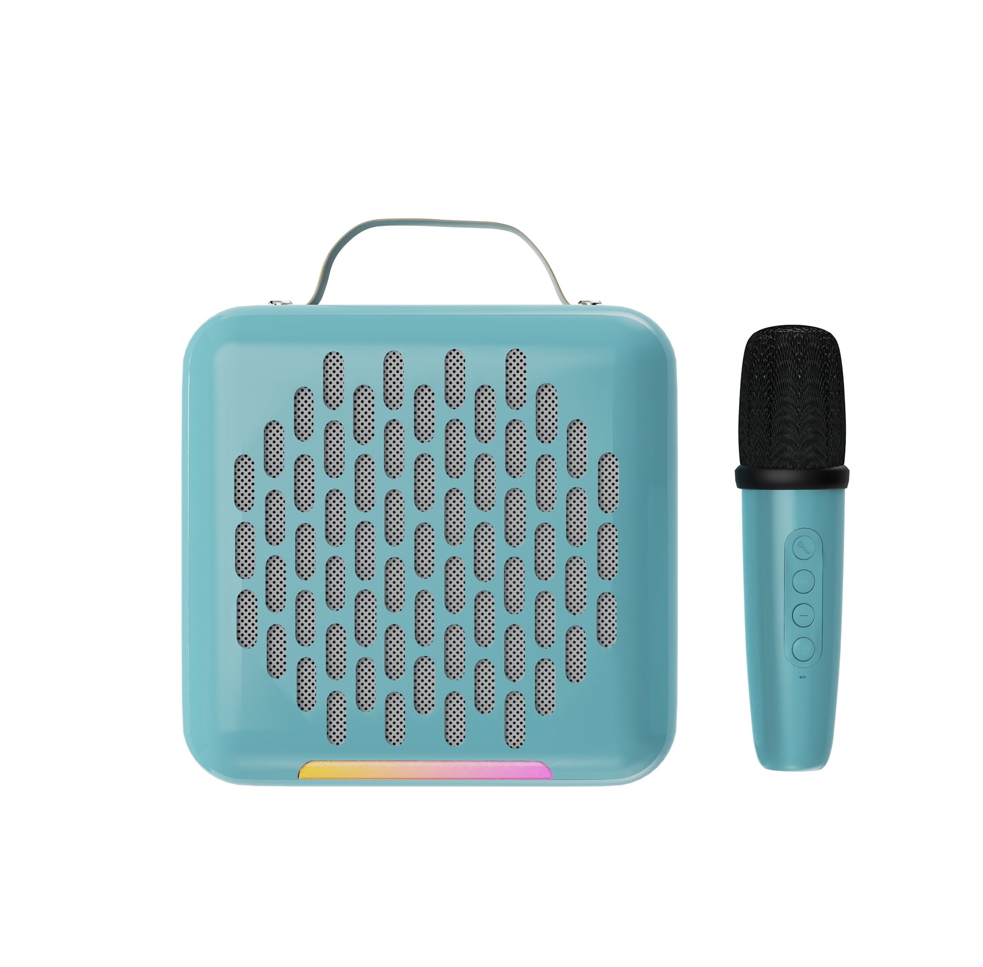 A portable blue speaker with a handle and a microphone next to it.