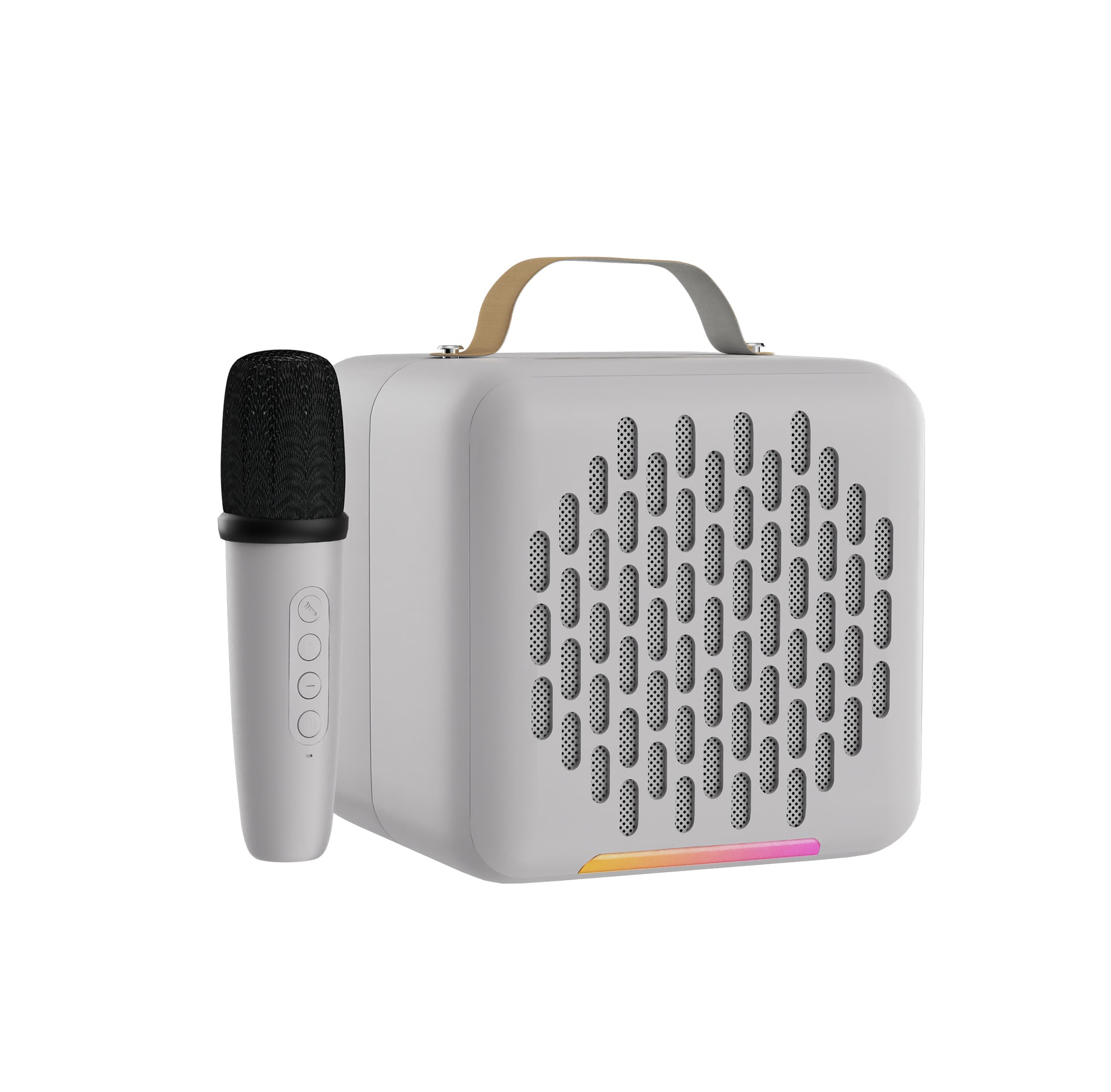 A portable blue speaker with a handle and a microphone next to it.