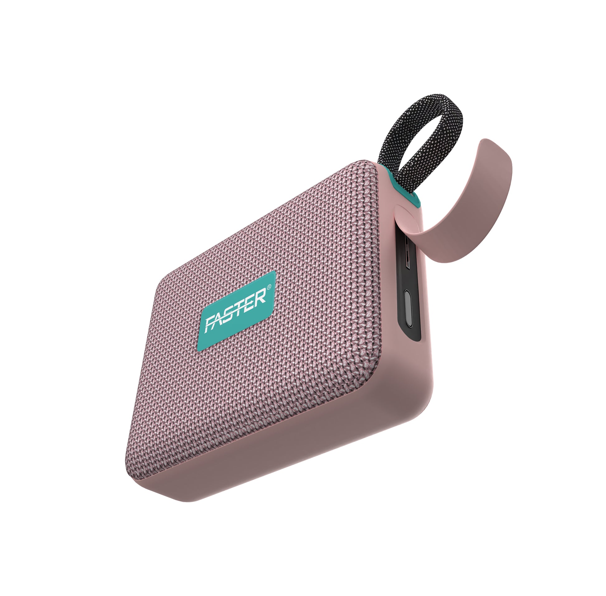 A portable Bluetooth speaker with a black fabric covering and a 'FASTER' logo on the front. It has a colorful light feature on the top and a loop for carrying.