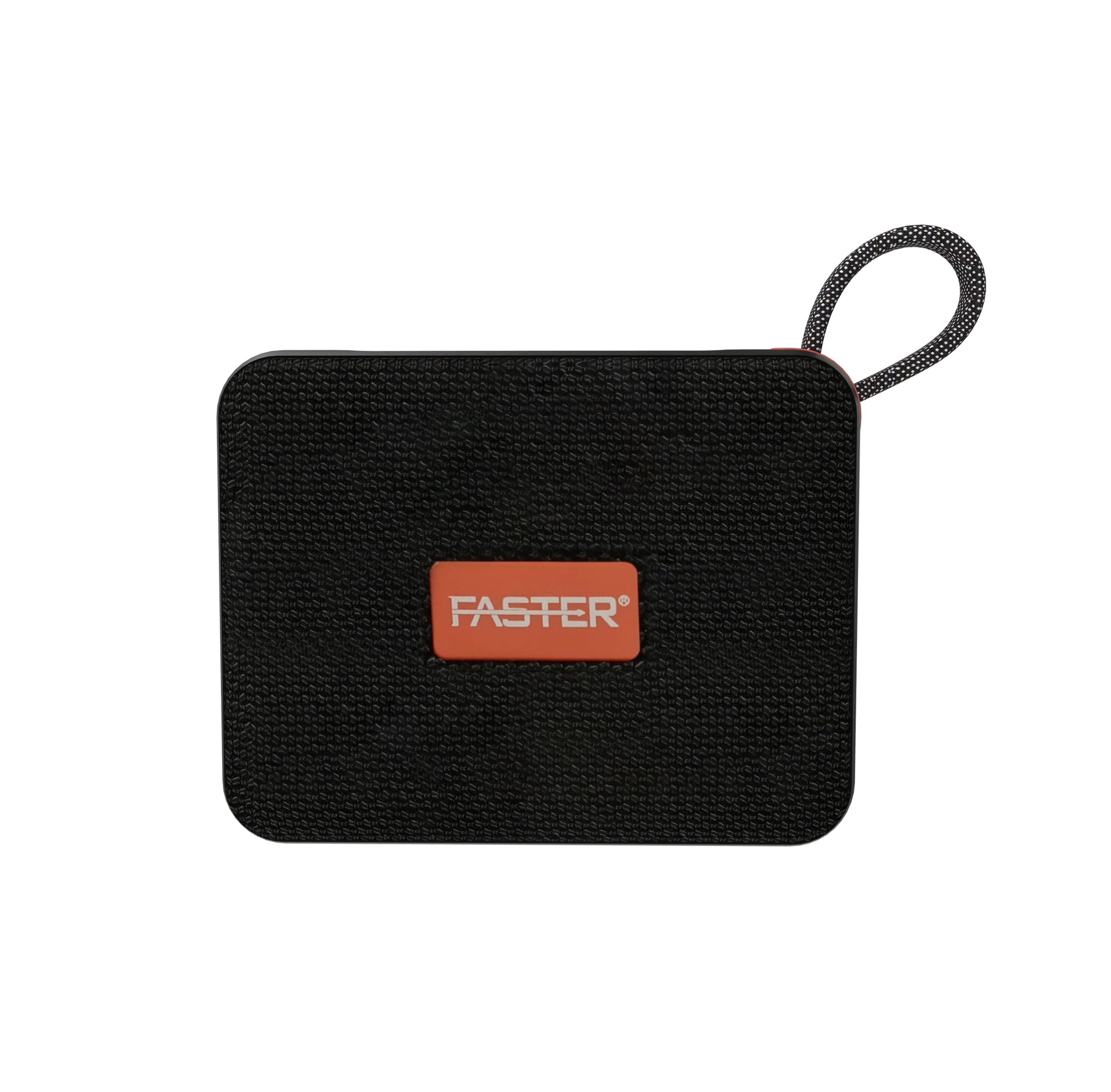 A portable Bluetooth speaker with a black fabric covering and a 'FASTER' logo on the front. It has a colorful light feature on the top and a loop for carrying.
