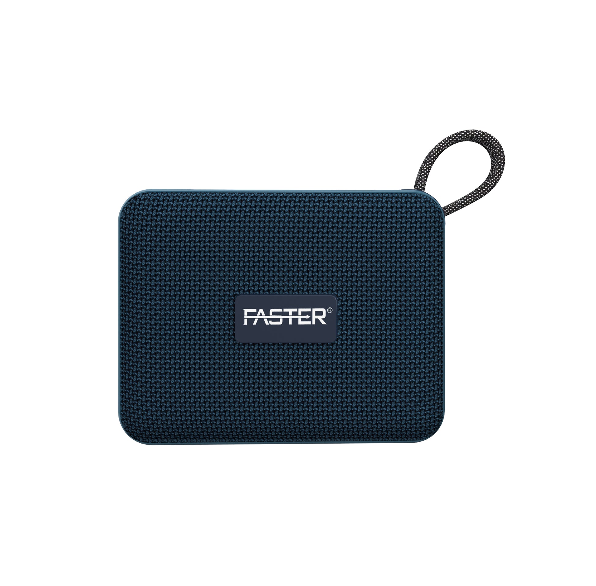A portable Bluetooth speaker with a black fabric covering and a 'FASTER' logo on the front. It has a colorful light feature on the top and a loop for carrying.