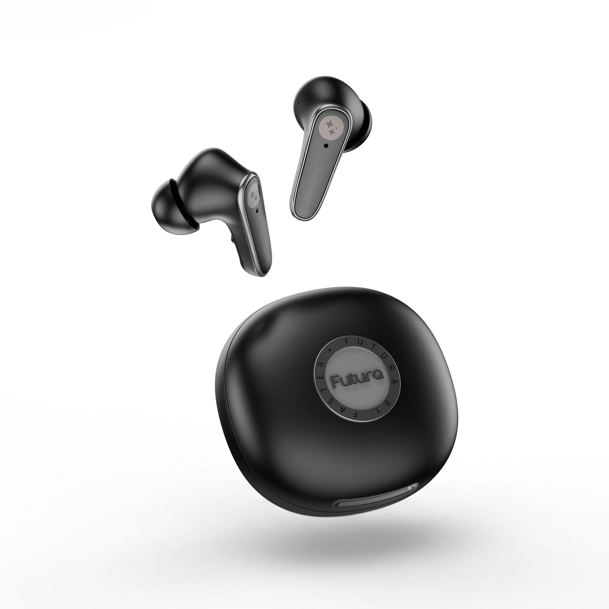 Black wireless earbuds with charging case on a white background