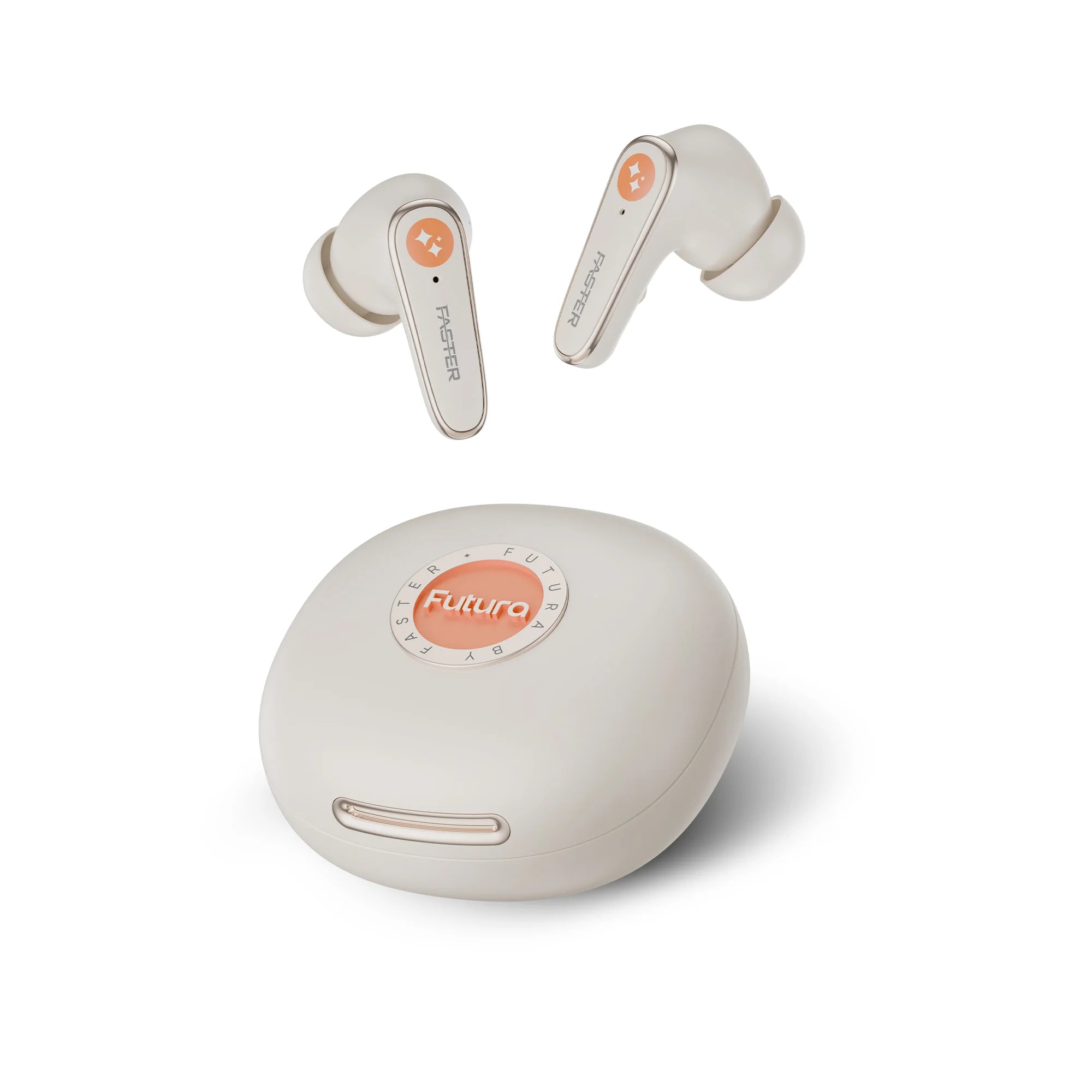 White wireless earbuds with charging case on a white background, featuring the brand 'Futura'.