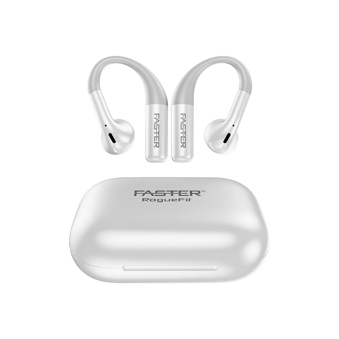 White wireless earbuds with charging case on a white background, featuring the 'FASTER' brand.