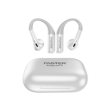 White wireless earbuds with charging case on a white background, featuring the 'FASTER' brand.