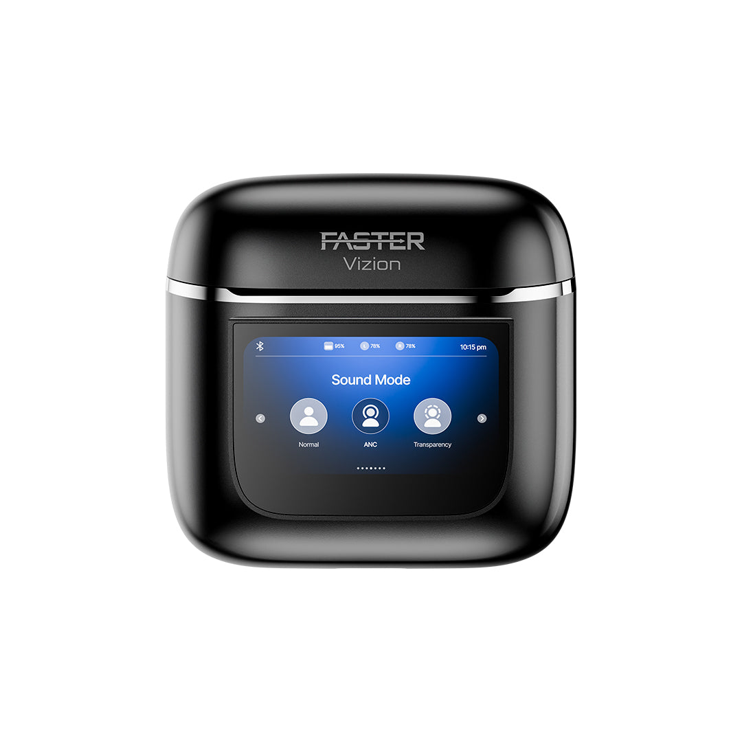 Black electronic device with a screen displaying 'Faster Vizion' on a white background