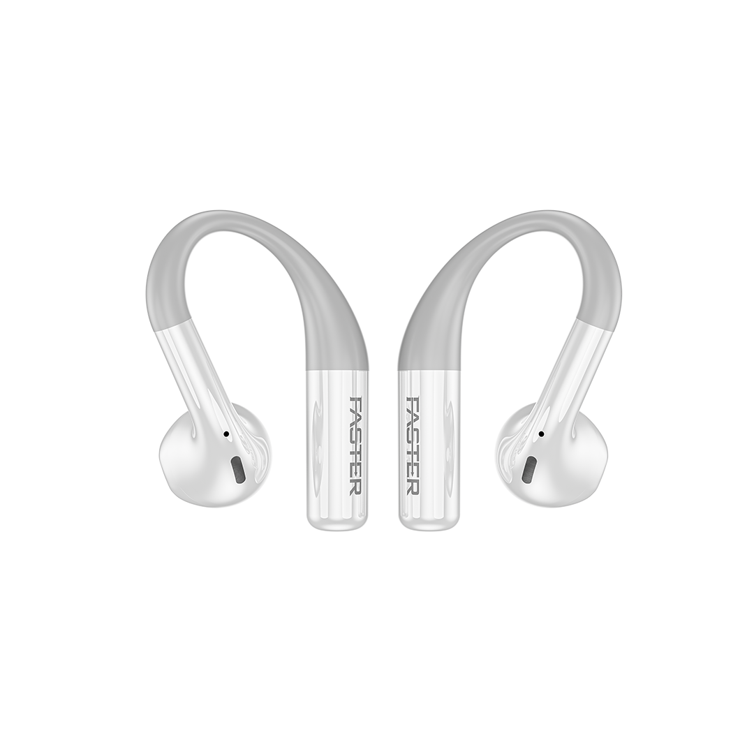 Pair of wireless earbuds on a white background with 'FASTER' branding.