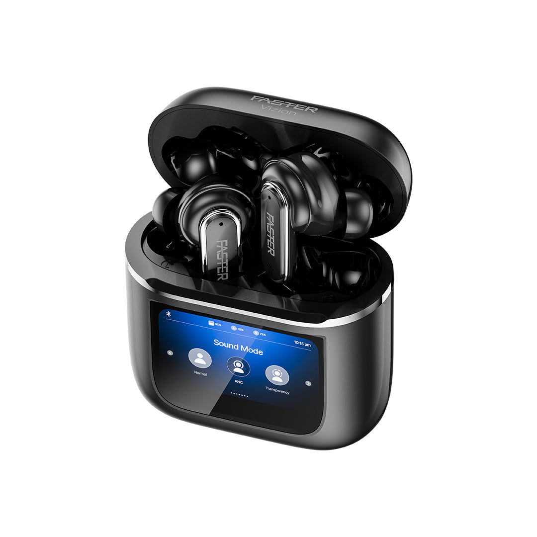 Black wireless earbuds with charging case on a white background