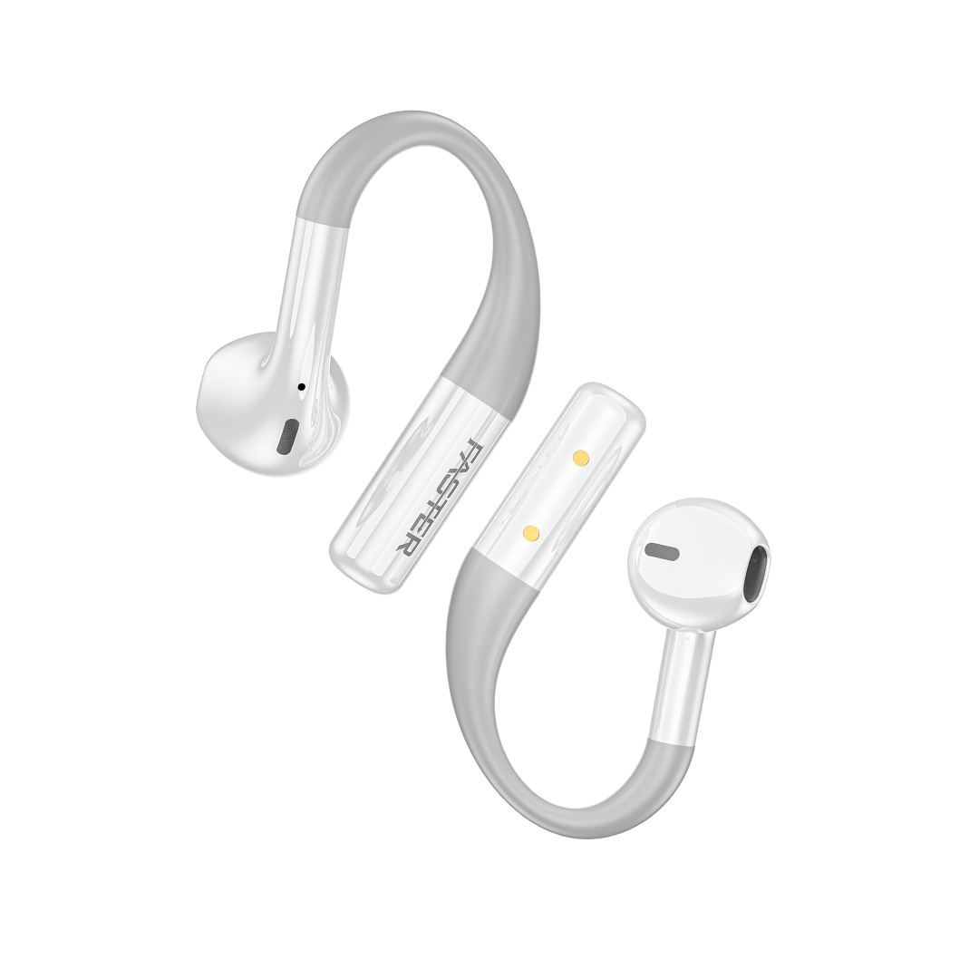 White wireless earbuds with charging case on a white background