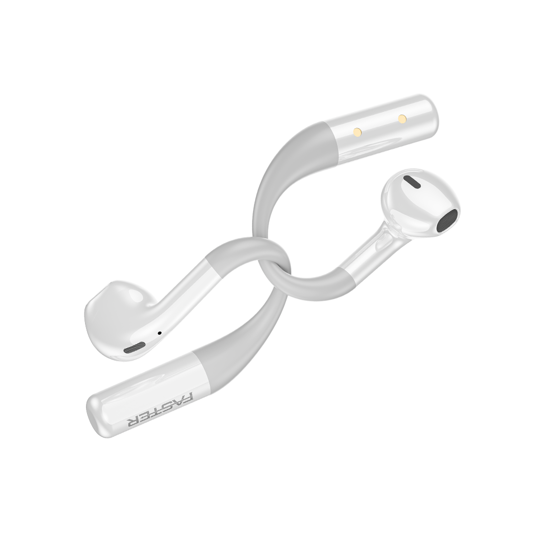 White wireless earbuds with charging case on a white background