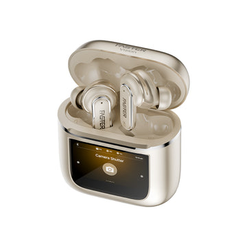 Beige wireless earbuds in charging case with screen displaying camera shutter icon on a white background