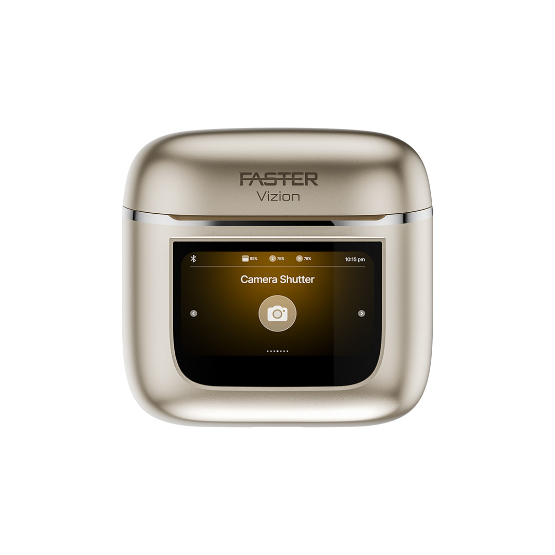 Faster Vizion device with screen displaying app interface on a white background