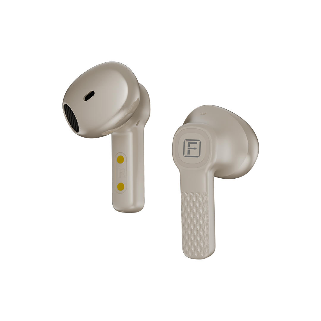 Beige wireless earbuds on a white background