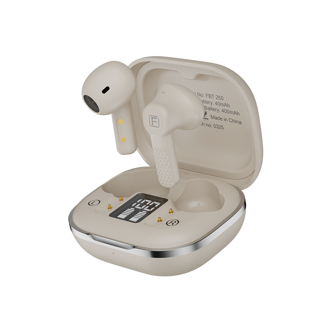 Beige wireless earbuds with charging case on a white background